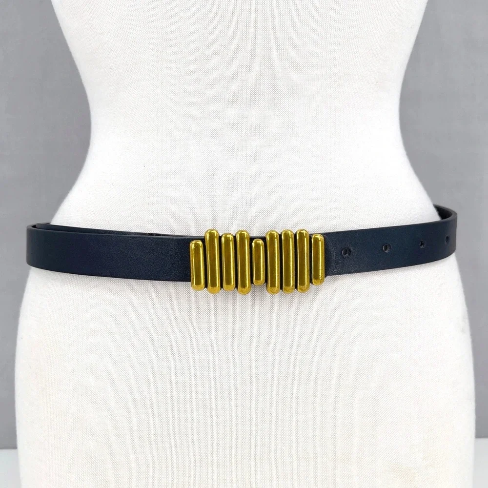 Womens Belt XS S M Black Gold Bar Buckle Statement 80s Brutalist Avant Garde